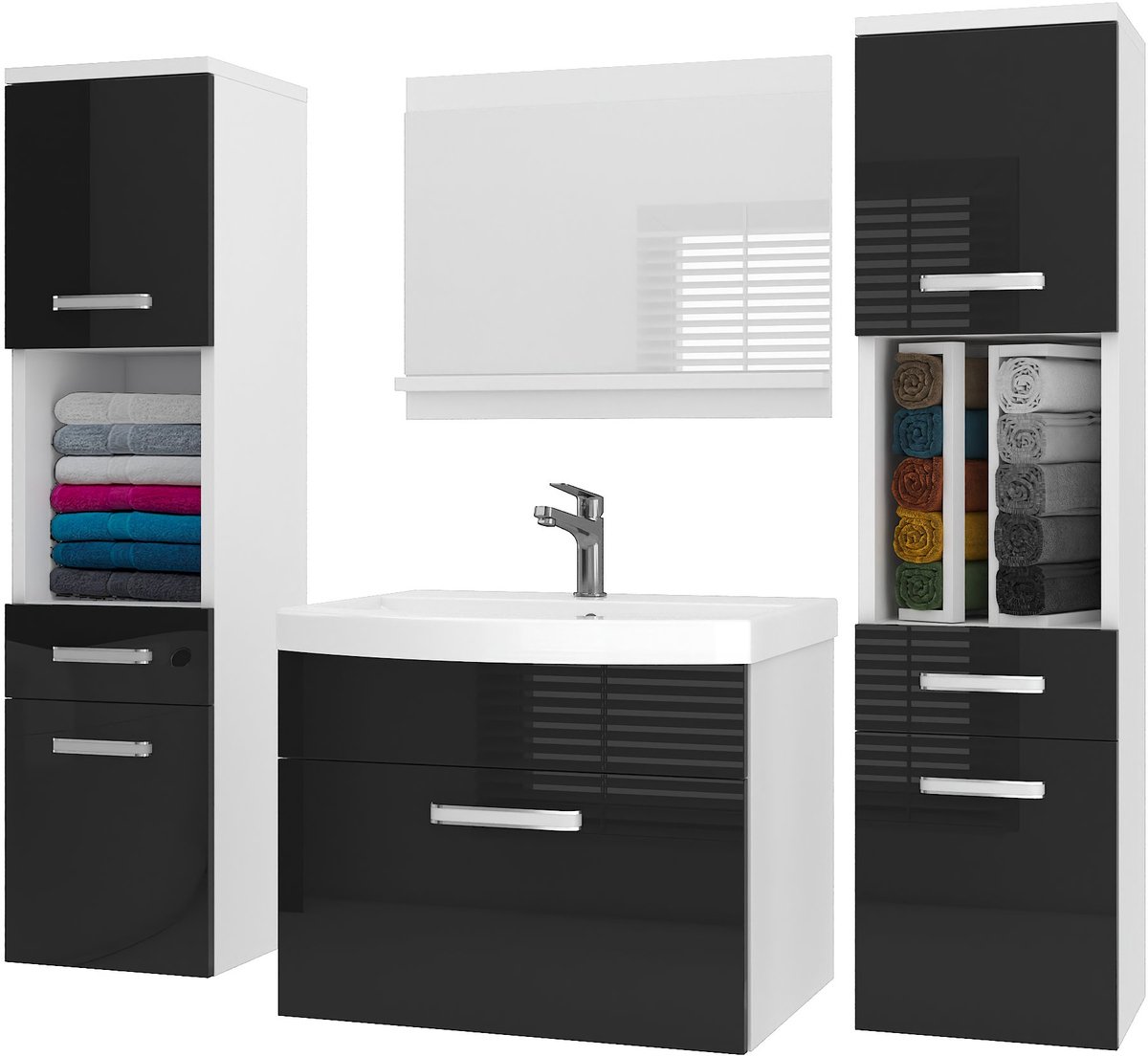 BELINI Badkamermeubel Set PRI P6 - Badmeubelset 120 cm Zwart Hoogglans met Wastafel en Spiegel - Wandmontage
