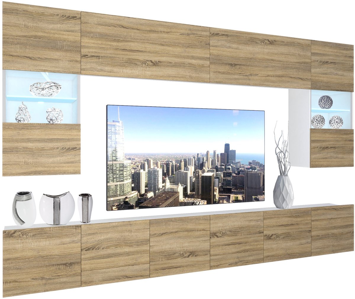 BELINI Wandmeubel NEX 1 - TV-Wandkast Set met LED-Verlichting Sonoma Eiken - Hoogglans Fronten