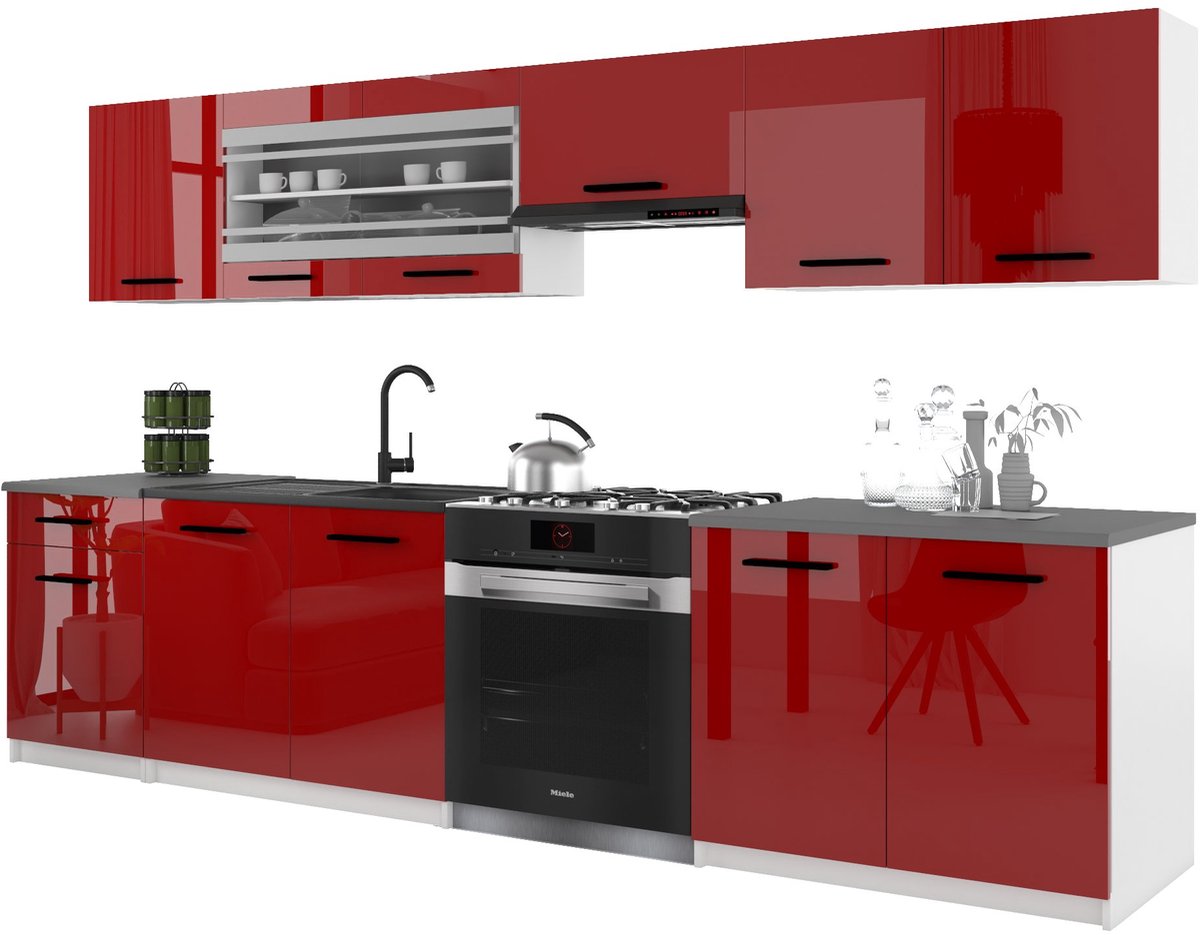 BELINI Keukenblok ITALIA 4 - Keukenmeubel Set 260 cm Rood met Werkbladen - Boven- en Onderkasten