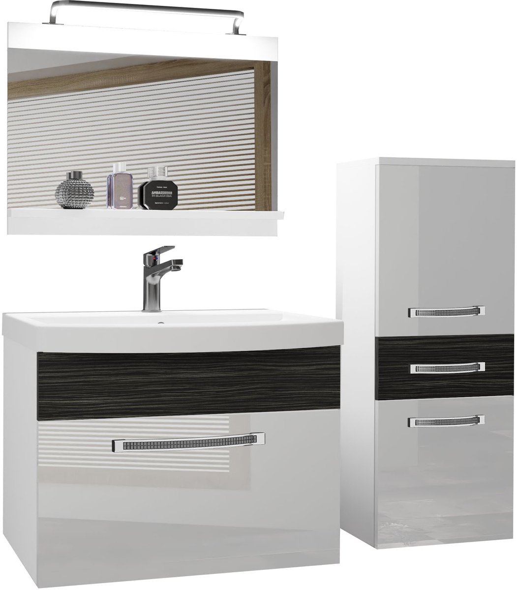 BELINI Badkamermeubel Set GLA PM 2 - Badmeubelset 100 cm Wit/Koninklijk Ebbenhout Hoogglans en Mat met Wastafel, Spiegel en LED Lamp - Wandmontage
