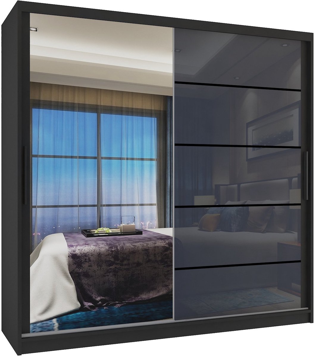 BELINI Verona MGB Schuifdeurkast 200 cm Zwart/Grijs Hoogglans - Kledingkast met Spiegel - Comfort Line Hoogglans