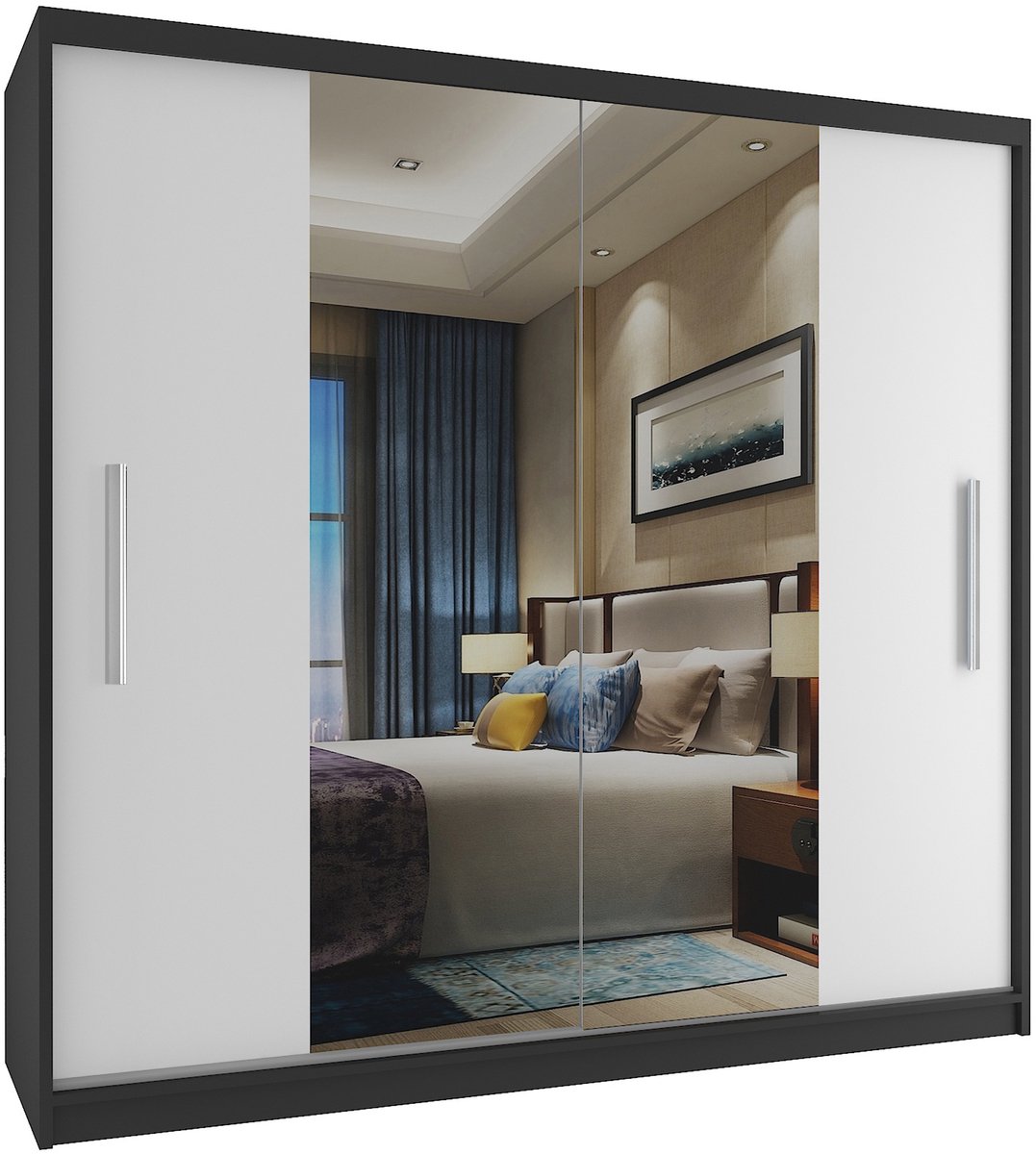 BELINI Verona ME Schuifdeurkast 200 cm Zwart/Wit Mat - Kledingkast met Spiegel - Comfort Line Slaapkamerkast
