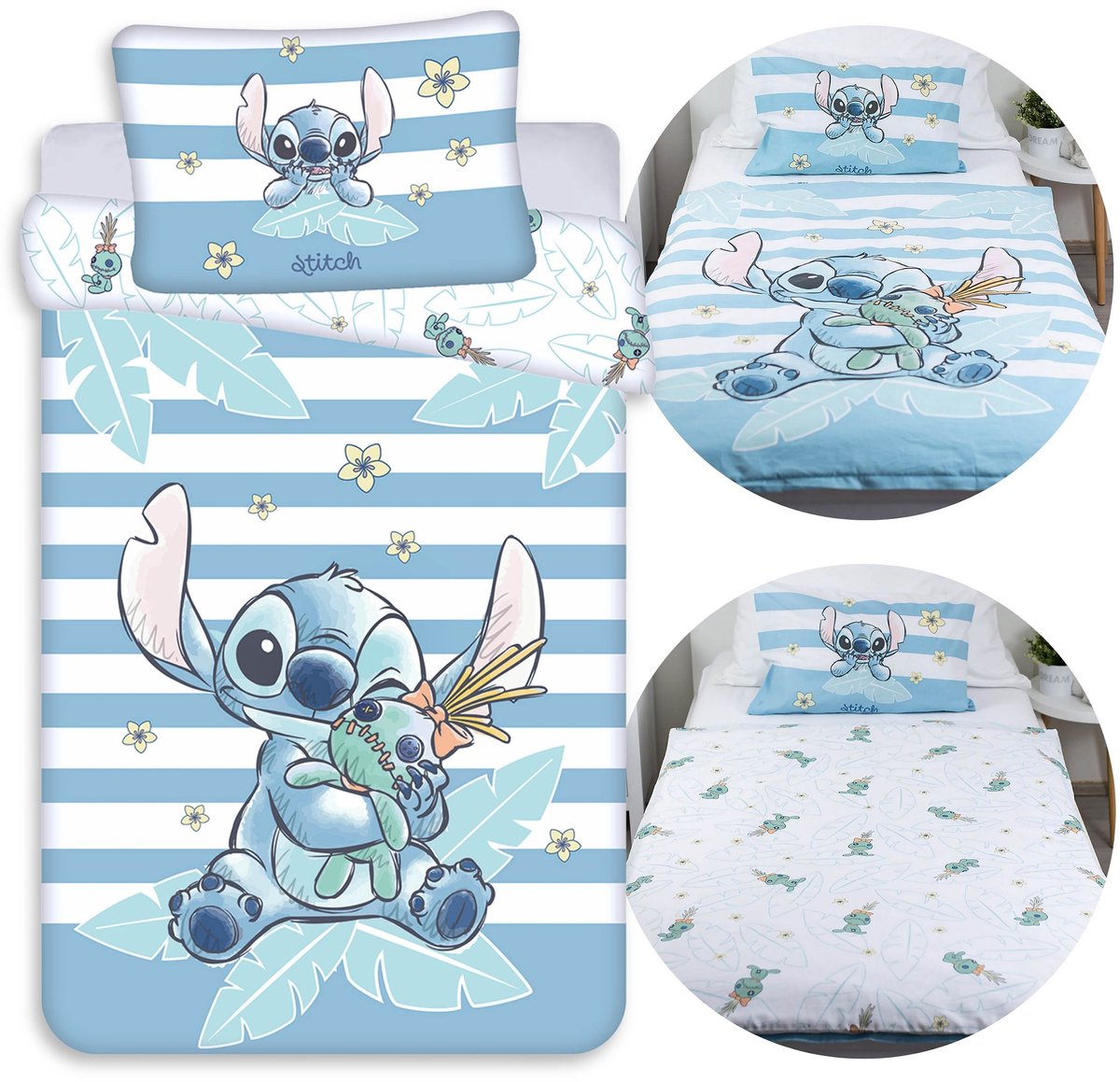 DISNEY Stitch Wit-blauw, DUBBELZIJDIG, katoenen kinderbeddengoed met rits, 100% KATOEN 100x135cm+40x60cm OEKO-TEX