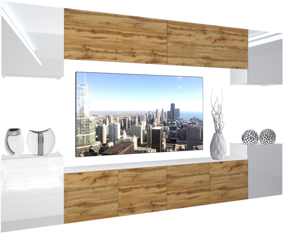 BELINI Wandmeubel NEX 4 - TV-Wandkast Set met LED-Verlichting Wit / Wotan Eiken - Hoogglans Fronten