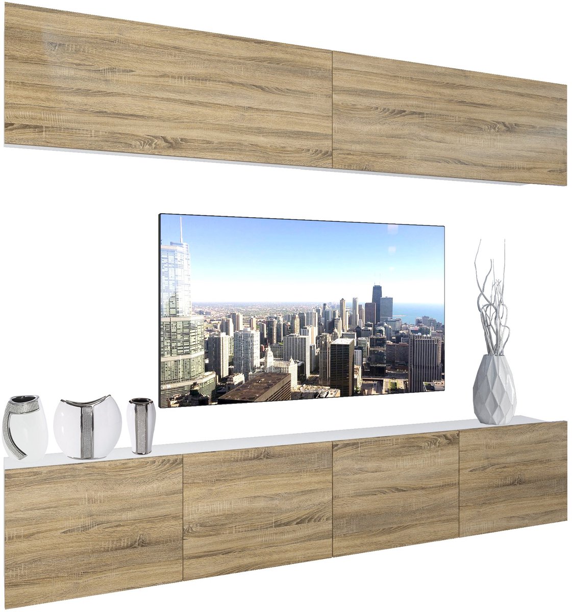 BELINI Wandmeubel NEX 6 - TV-Wandkast Set met LED-Verlichting Sonoma Eiken - Hoogglans Fronten