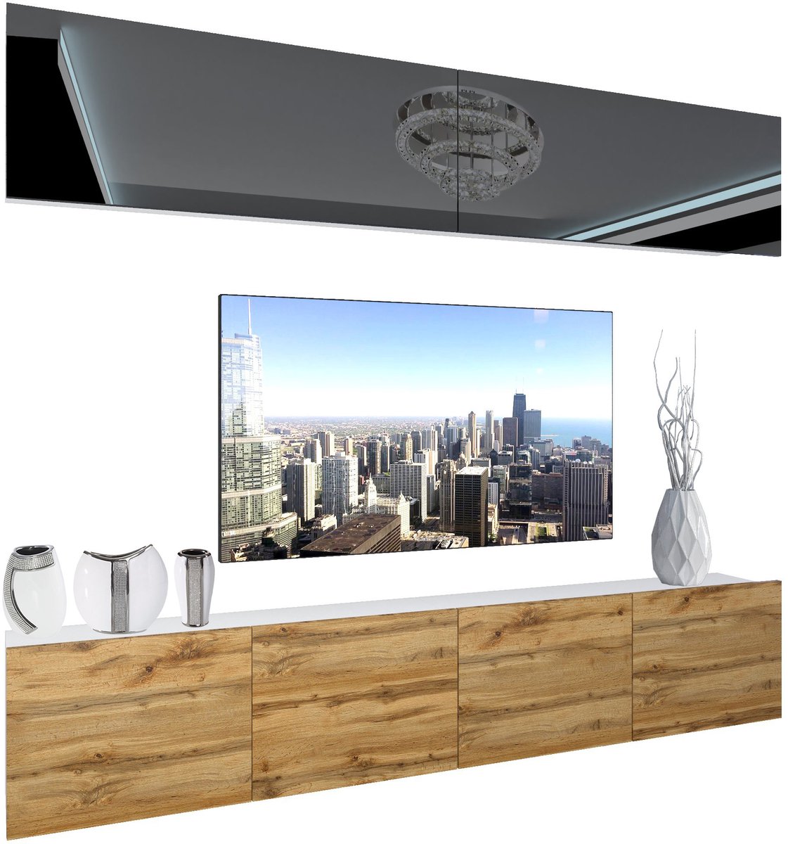 BELINI Wandmeubel NEX 6 - TV-Wandkast Set met LED-Verlichting Zwart / Wotan Eiken - Hoogglans Fronten