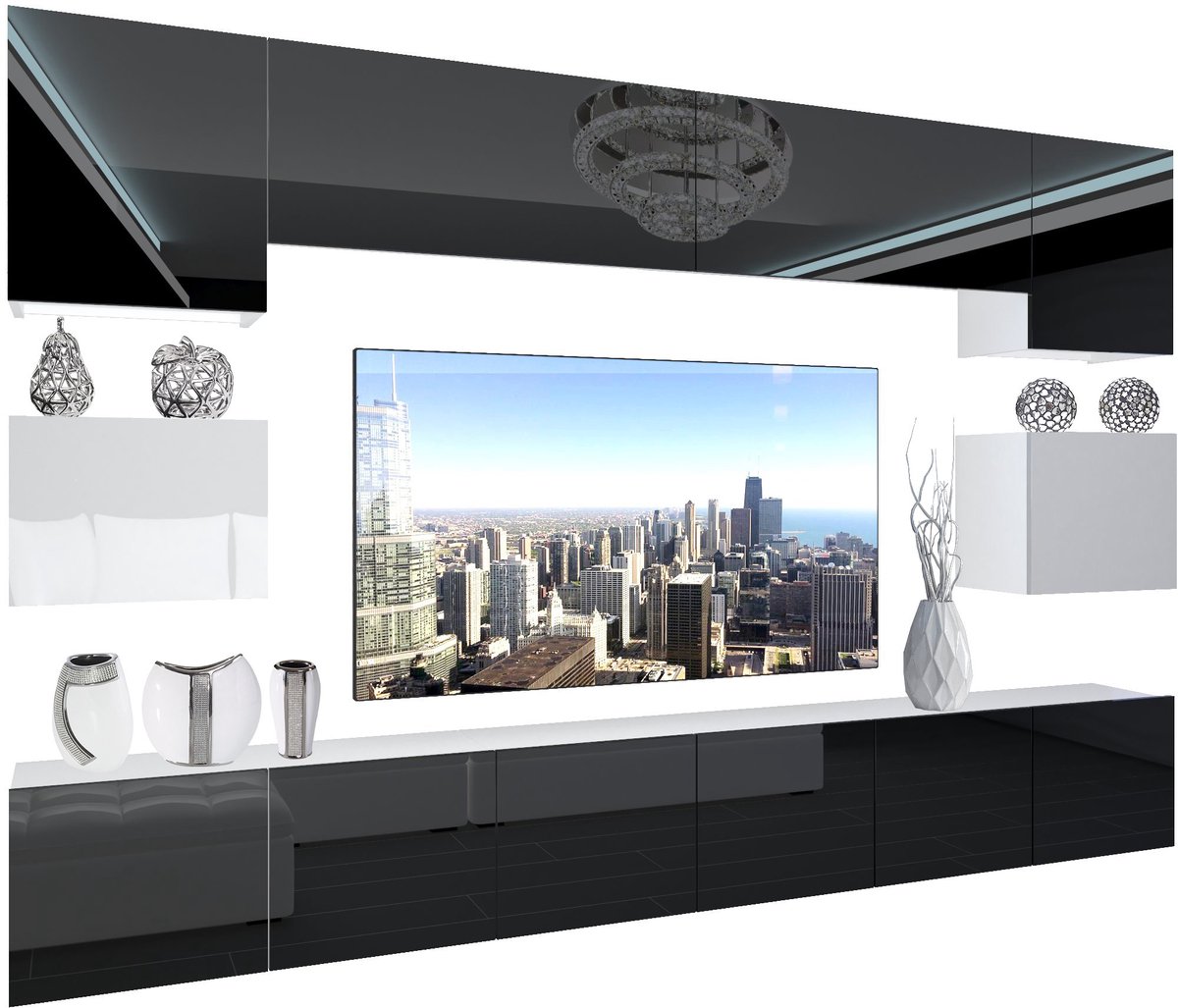 BELINI Wandmeubel NEX 3 - TV-Wandkast Set met LED-Verlichting Zwart / Wit - Hoogglans Fronten