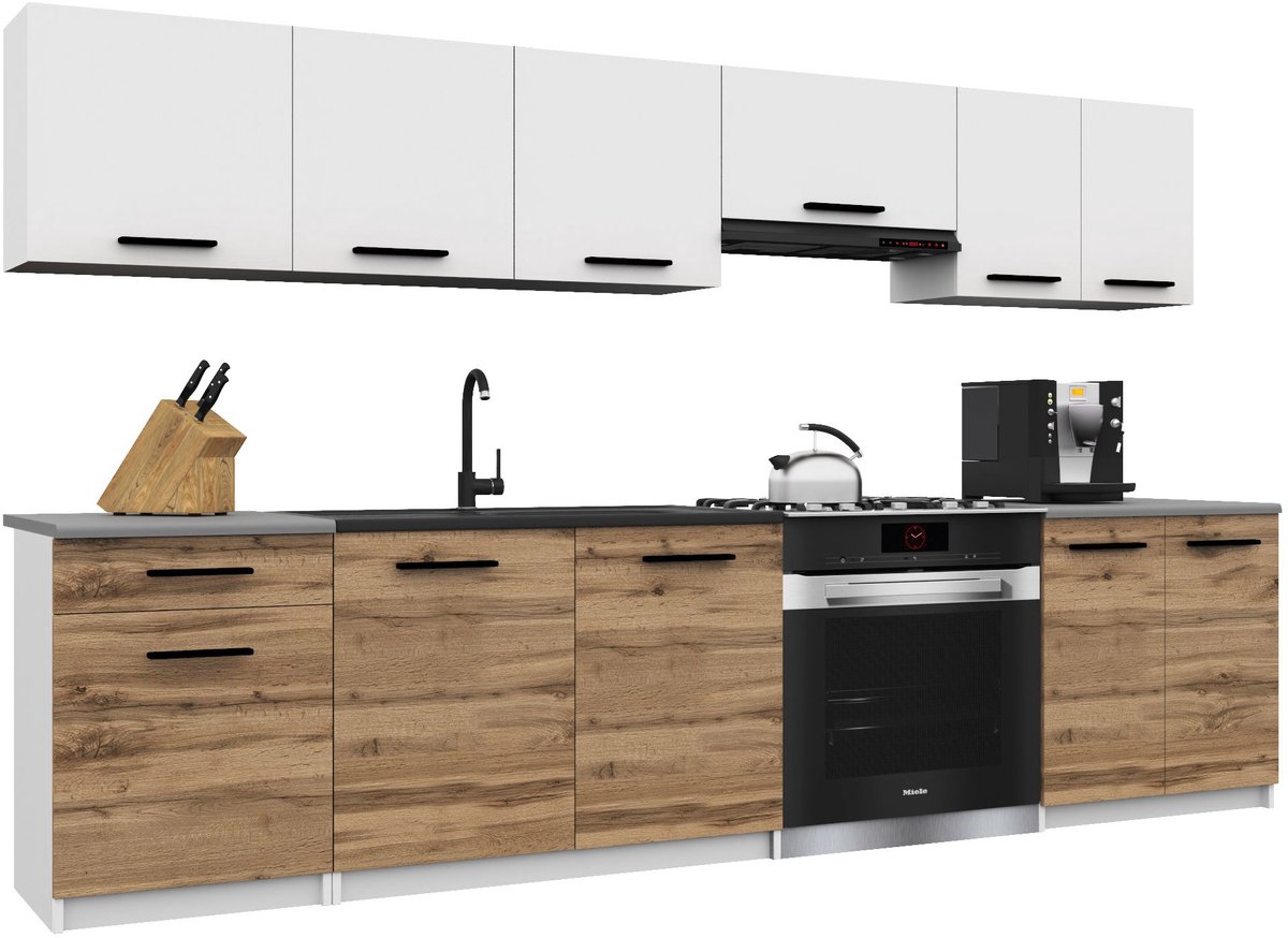 BELINI Keukenblok ITALIA 2 - Keukenmeubel Set 240 cm Wit-Goudbruin Mat met Werkbladen - Boven- en Onderkasten