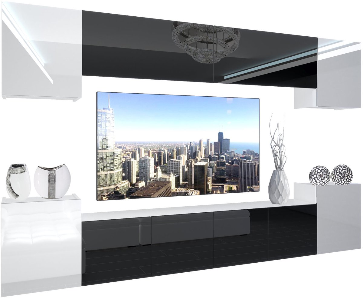 BELINI Wandmeubel NEX 4 - TV-Wandkast Set met LED-Verlichting Wit / Zwart - Hoogglans Fronten
