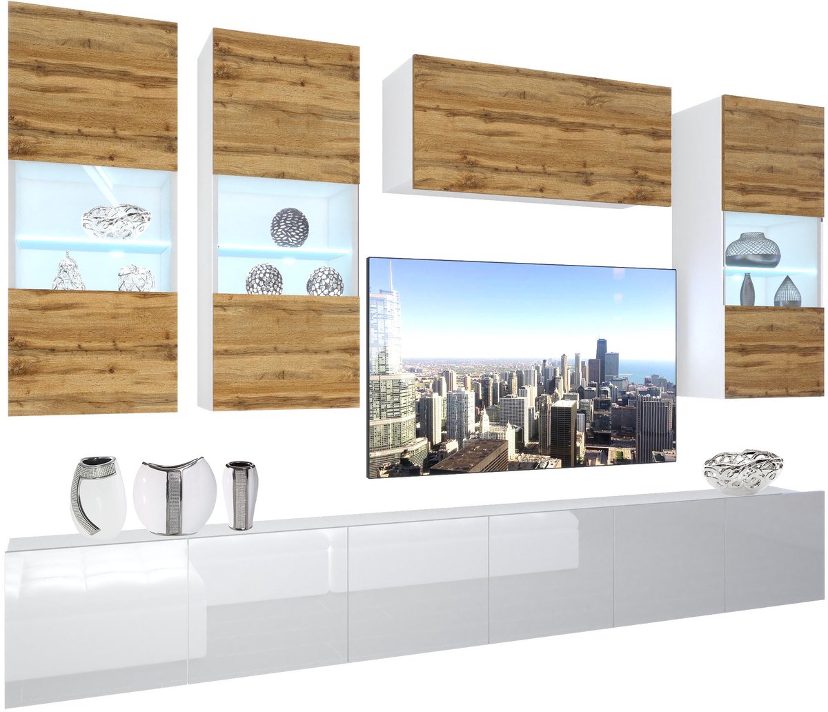 BELINI Wandmeubel NEX 5 - TV-Wandkast Set met LED-Verlichting Wotan Eiken / Wit - Hoogglans Fronten