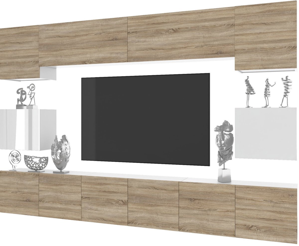 BELINI Wandmeubel Milano 3 300 cm Sonoma Eiken/Wit - TV-Wand Greeploos - Moderne Woonwand met Gasliftsysteem - Modulair TV-Meubel
