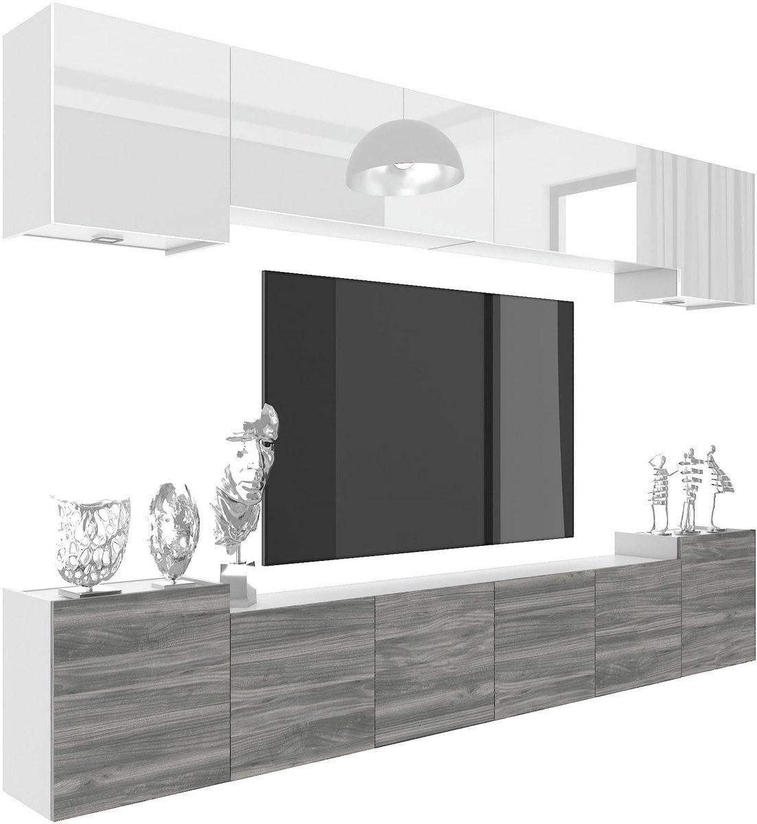 BELINI Wandmeubel Milano 4 300 cm Wit Hoogglans/Grijs Mat - TV-Wand Greeploos - Moderne Woonwand met Gasliftsysteem - Modulair TV-Meubel