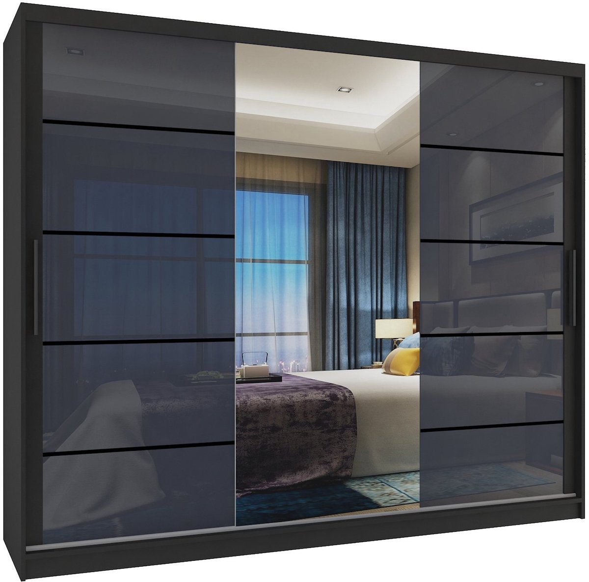 BELINI Verona MGB Schuifdeurkast 232 cm Zwart/Grijs Hoogglans - Kledingkast met Spiegel - Comfort Line Hoogglans