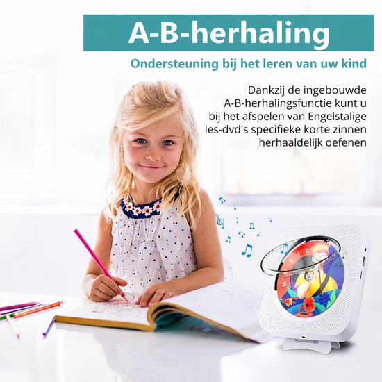 Bluetooth CD-speler - Draagbare CD-speler - Met FM-Radio/Bluetooth/USB - Luidsprekers - Monteerbaar op de Muur - Voor Volwassenen en Kinderen - Wit — afbeelding 4