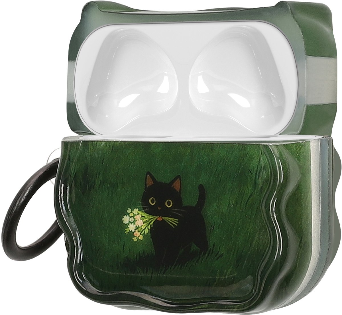 kwmobile In-Ear Oordopjes Case voor Apple Airpods 4 Case met Karabijnhaak - Headphones Case - Earphones Cover Etui - Kat plukt bloemen design