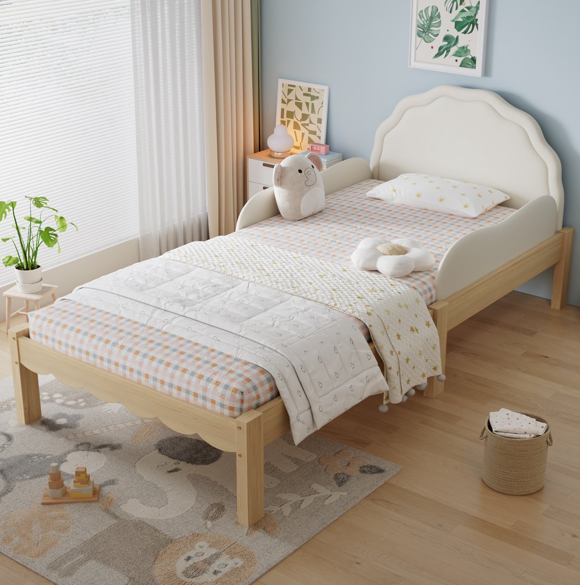DESMIU Kinderbed 90x200cm – Eenpersoonsbed Met Uitvalbeveiliging – PU-Kopstuk En Lattenbodem – Voor Kinderkamer – Houten Frame – Beige