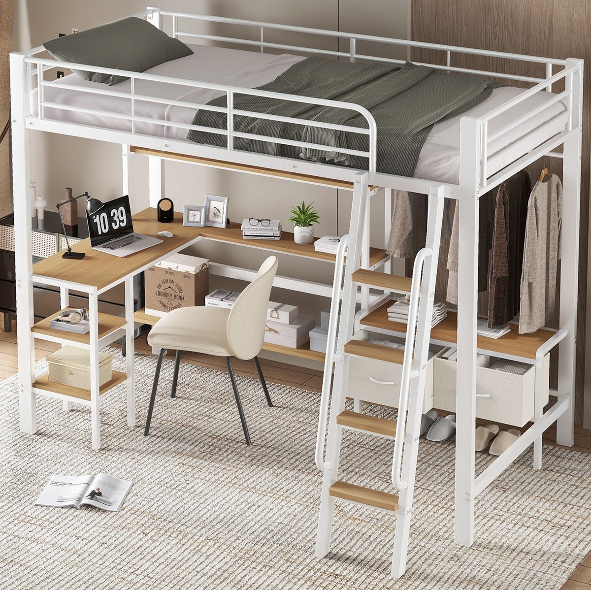 Hoogslaper 90x200 cm - Met Bureau En Opbergrek - Inclusief 2 Stoffen Opbergboxen En Schuine Trap - Zonder Matras - Metaal En MDF - Wit En Naturel