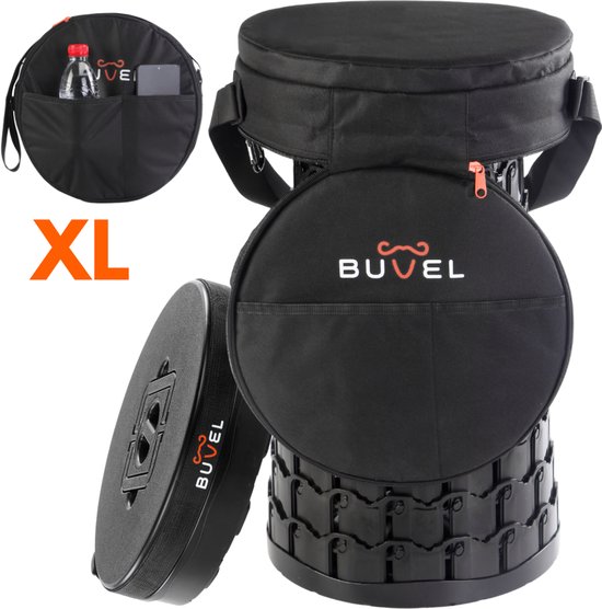 Zwarte Buvel telescopische kruk XL, getoond met draagtas, schouderband, en vakken voor fles en telefoon.