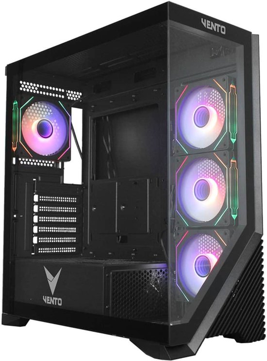 Zwarte Vento computerkast met glazen zijpaneel, drie RGB-ventilatoren aan de voorkant en één aan de achterkant.