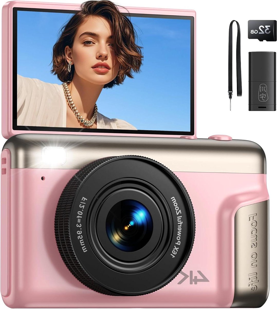 Digitale Camera - Compacte Foto Camera - Vloggen en Fotografie - 180 Graden Flip Scherm - 64 Megapixel - Roze