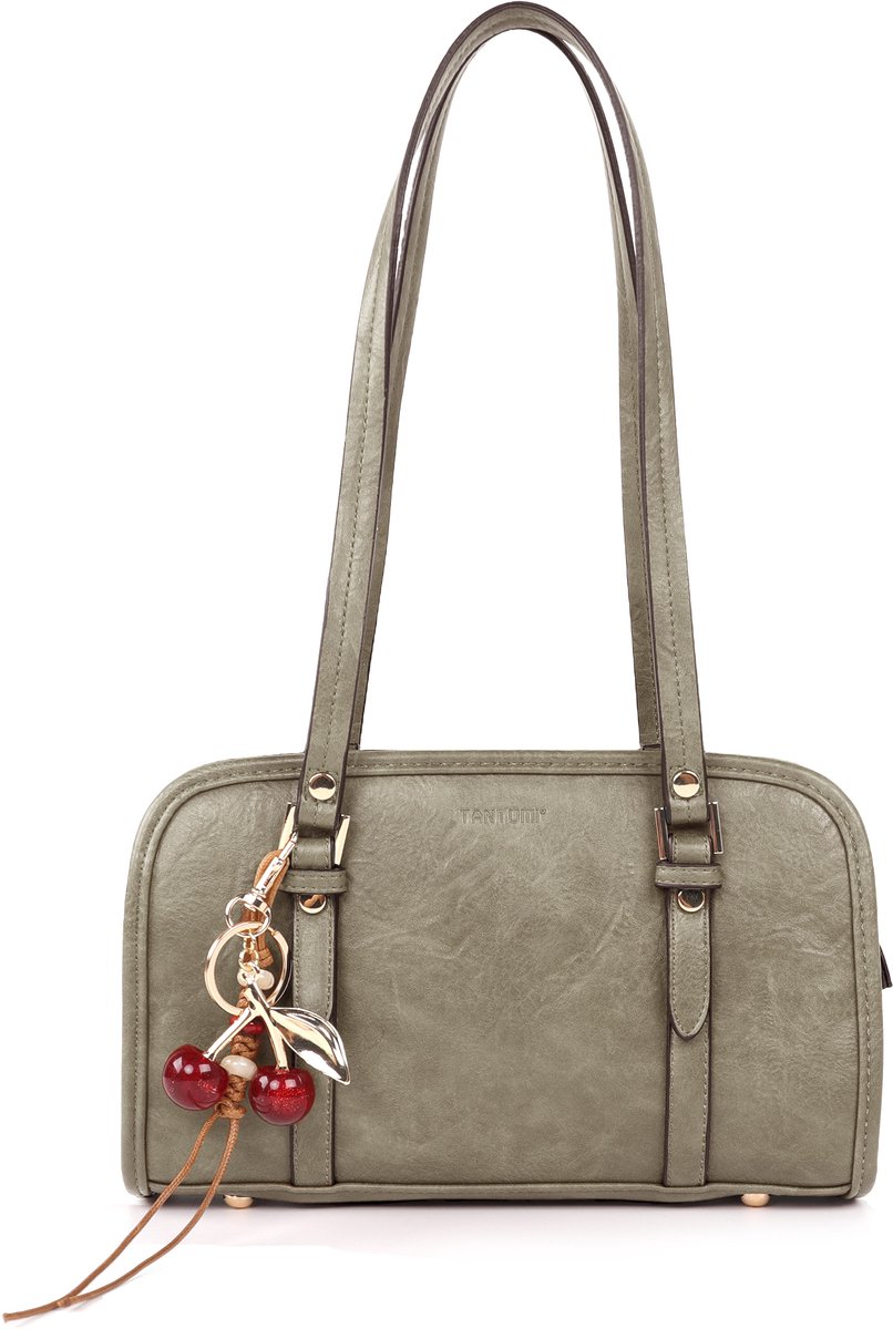 TANTOMI - Dames Handtassen - Elegante schoudertas - met kersenhanger - Handtas Dames klein - Boston tas - voor afspraakjes, dagelijks gebruik en winkelen - Taupe