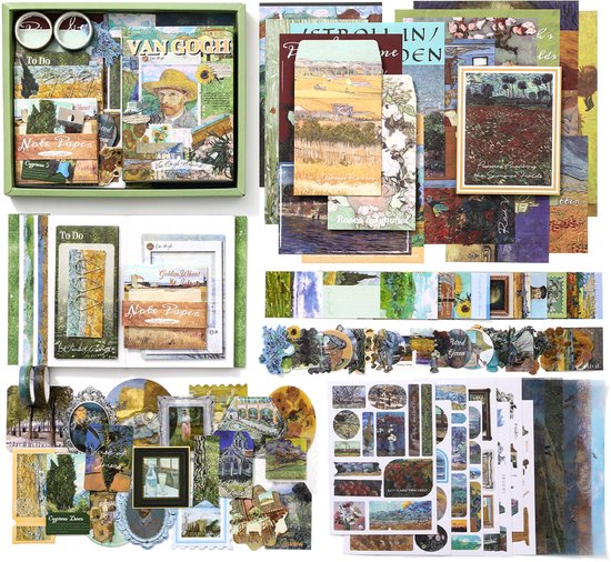 Set met Van Gogh-thema met twee bakjes, notitiepapier, stickers en washitape, deels geopend.
