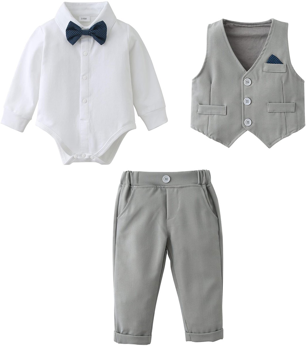 SnelShoppen - Baby Jongens Kleding Set Pak Peuter Gentleman Lange Mouw Romper Shirt + Broek + Vest + Vlinderdas Grijs 9-12 maanden Feestelijke Doop Br