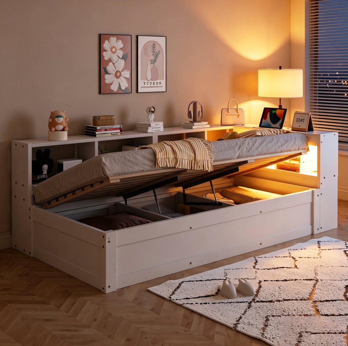 DESMIU Bed 90x200 cm – Eenpersoonsbed Met Ledverlichting En Stopcontact – Hydraulisch Hefmechanisme – Opbergruimte In Hoofdbord En Zijkant – Voor Logeerkamer Of Kleine Ruimte – Hout En MDF – Zonder Matras – Wit