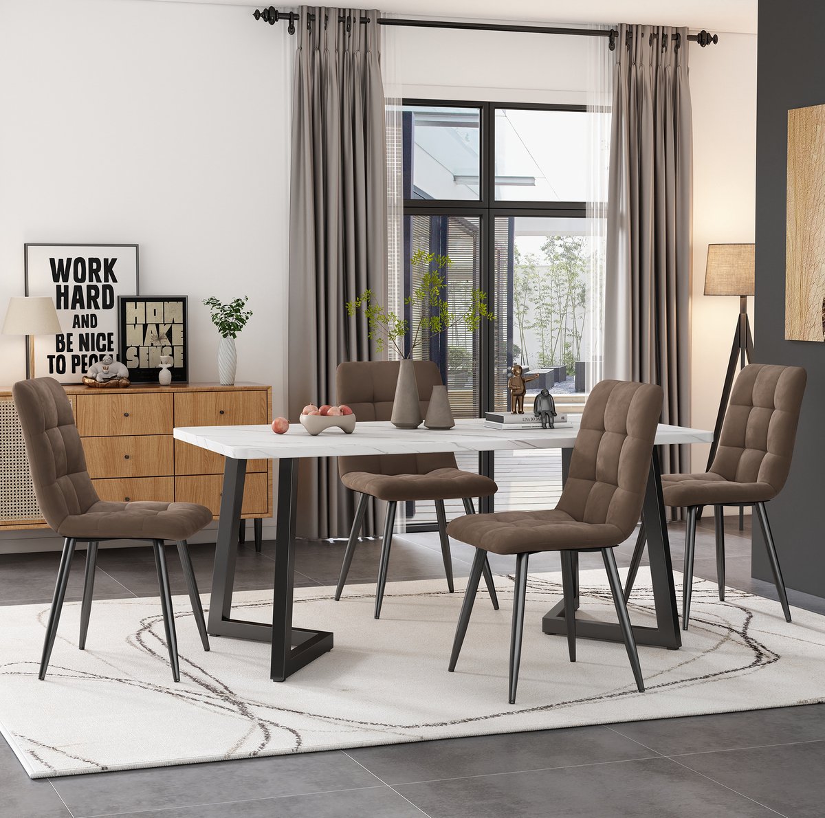 COVREO Eettafel set 117x68 cm bruin, MDF en metaal met 4 stoelen