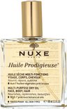 Glazen fles met gouden dop, gevuld met lichte olie. Label met NUXE Huile Prodigieuse in wit en goud.