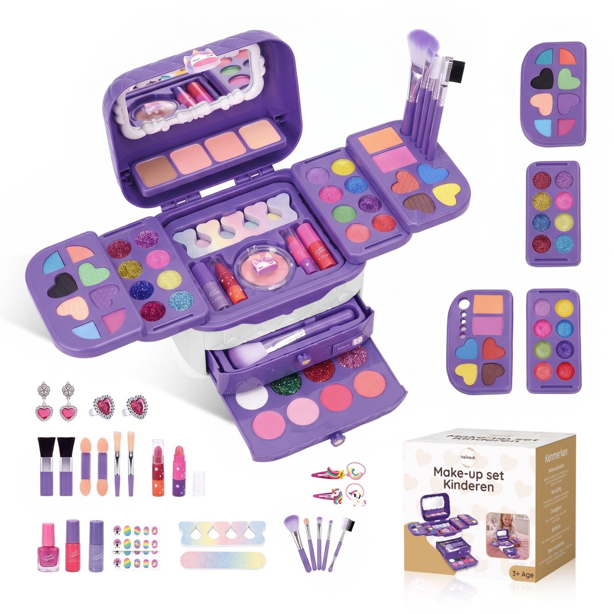 Heinouk® - Make-up koffer voor kinderen - 72 stuks - Beautybox paars met glitters, nagellak, oogschaduw en lipgloss - Vanaf 3 jaar