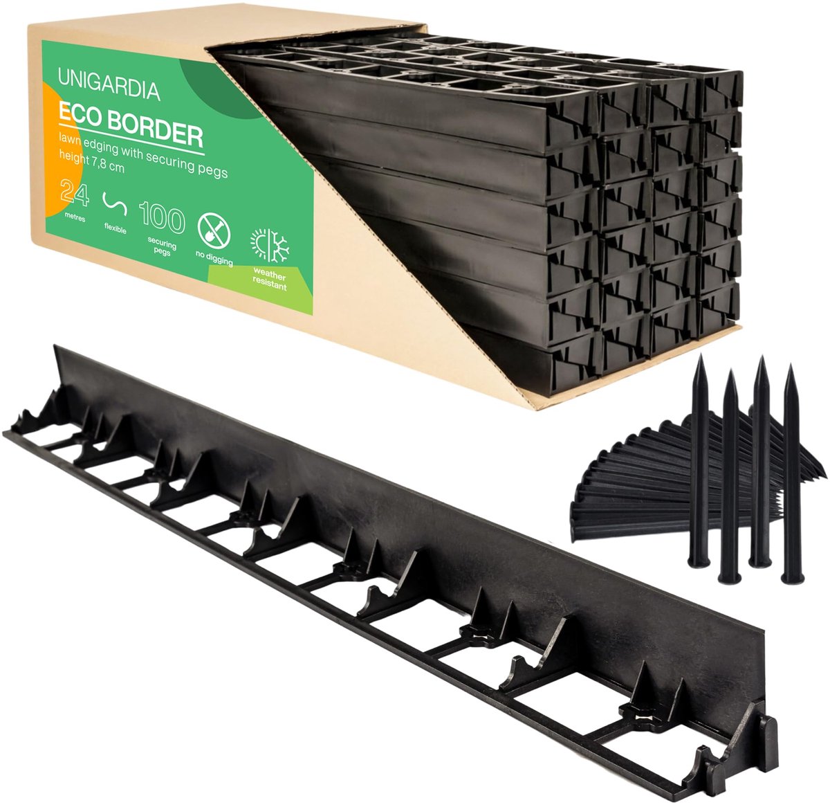 SnelShoppen - Flexibele Gazonrand Kunststof 24 m - 78 mm Hoog - Borderrand Tuin met 100 Haringen - Gerecycled Plastic - Duurzaam en Gemakkelijk te Ver