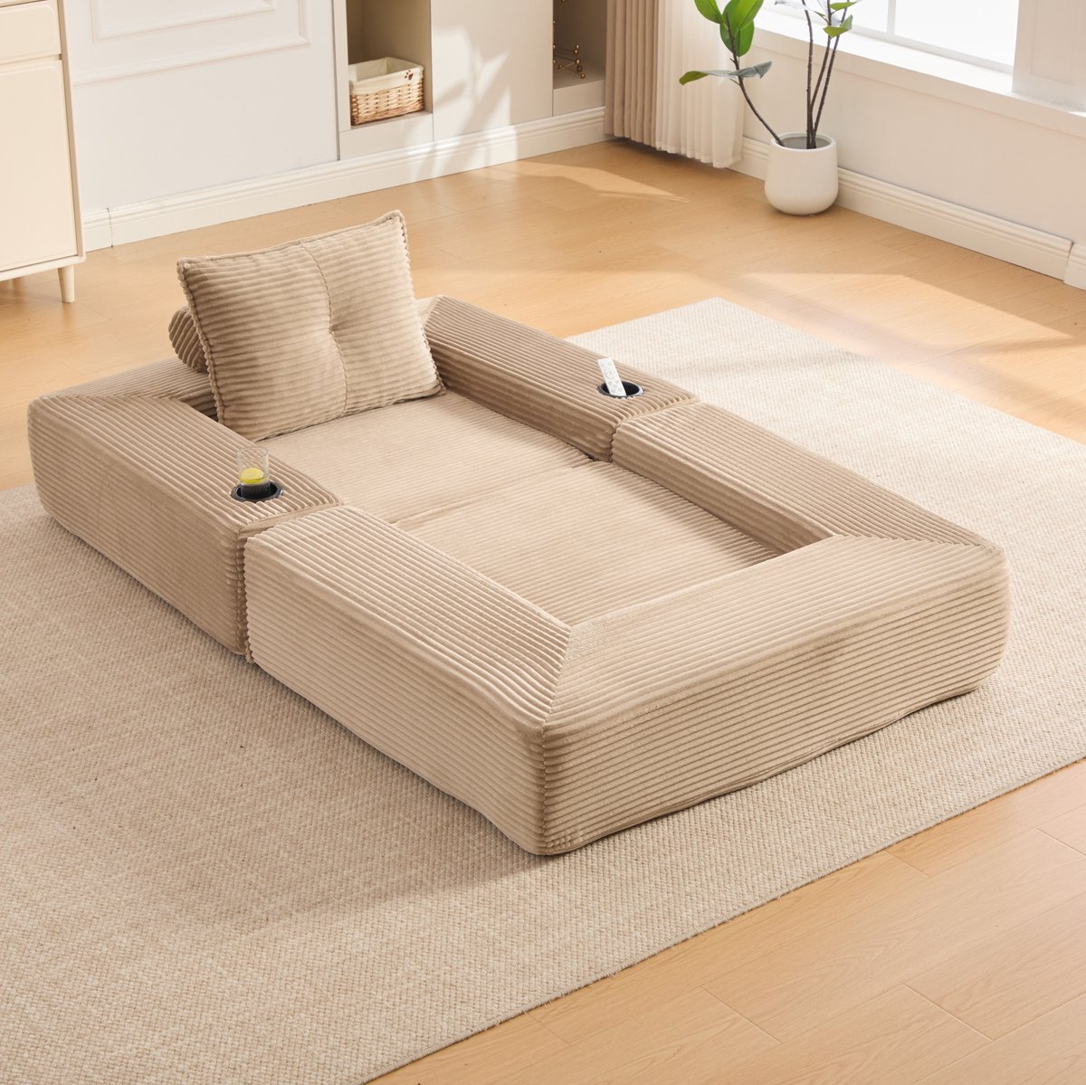 OKWISH Slaapbank 1-Zits 122 cm - Uitklapbaar Met Bekerhouder En Zijvak - Voor Appartement En Woonkamer - Ribfluweel - Khaki