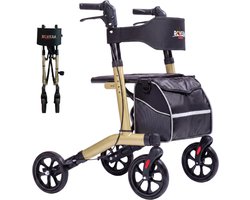 Rovera Mobility® Easy Rollator - Lichtgewicht en Makkelijk Opvouwbaar – Extra Zachte Zitting & Rugleuning – Ergonomische Handvatten – Incl. Luxe Tas & Wandelstokhouder– Geschikt voor Binnen & Buiten – Champagne