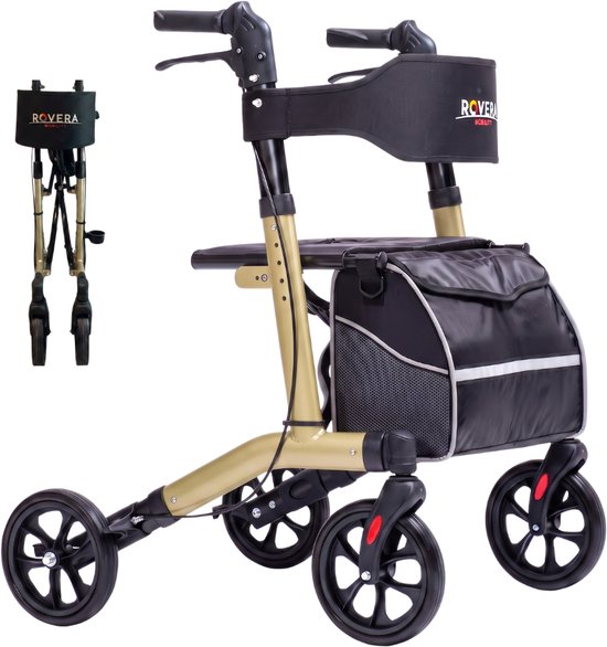 Champagnekleurige Rovera rollator met zwarte zitting, rugsteun en tas. De kleine rollator links is ingeklapt.