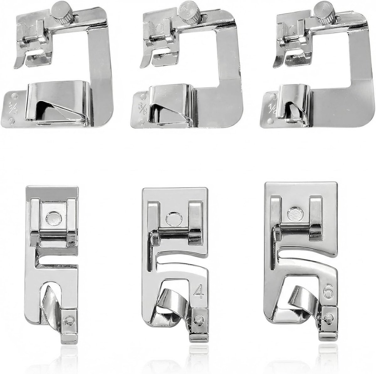 Set van 6 roestvrijstalen naaimachine naai-accessoires, opgerolde zoom en brede rolzoom voeten voor veelzijdig naaien