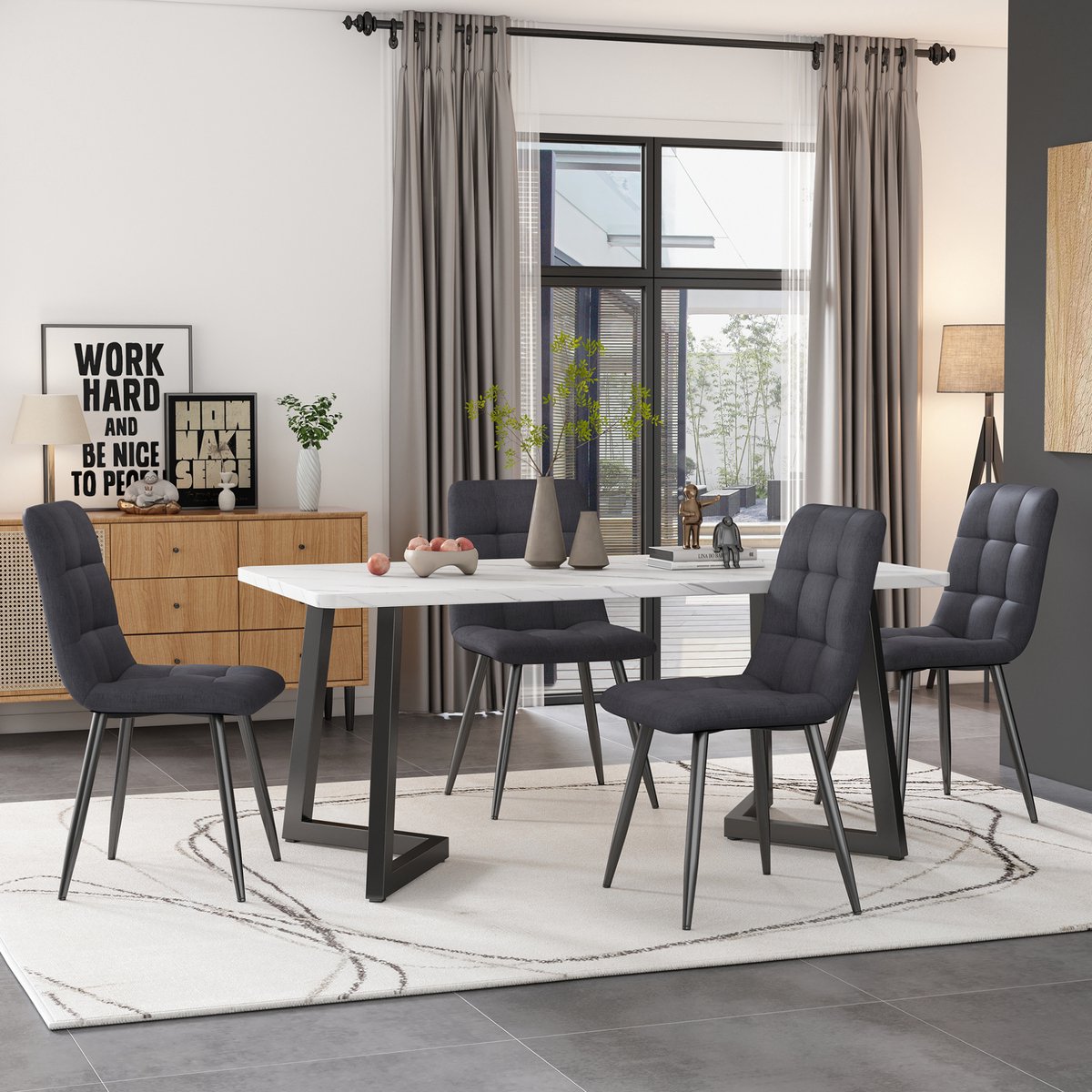 COVREO Eettafel set 117x68x75 cm grijs, MDF en metaal met 4 stoelen