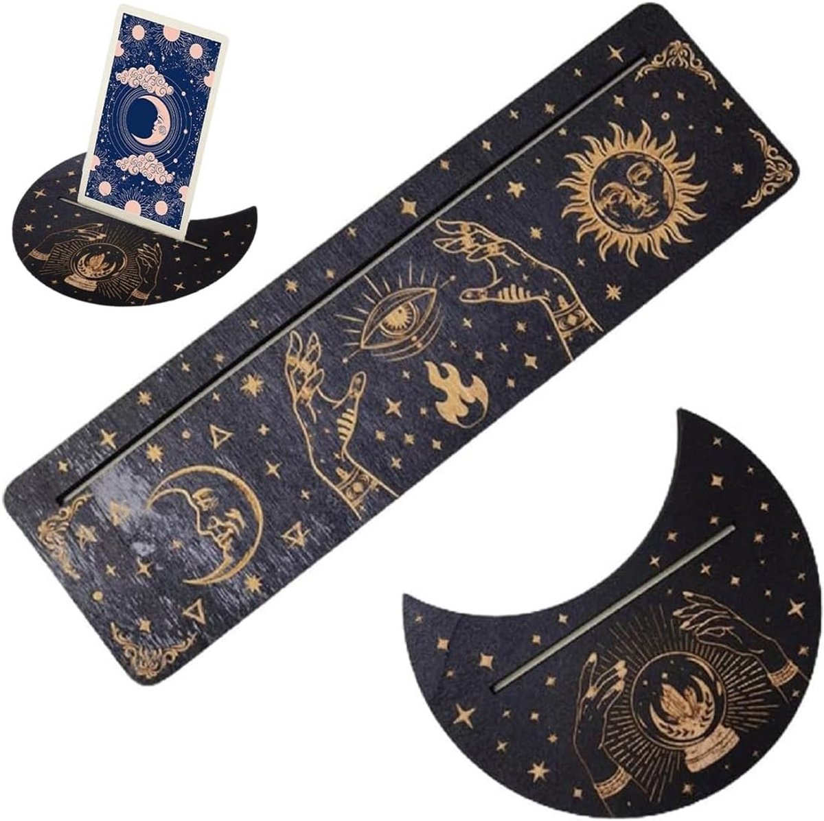 Tarot Stand Set van 2 - Houten Display voor Tarotkaarten in Maanvorm en Rechthoekig, 12.7 cm en 10 Inch, Perfect voor Ceremonies en Spirituele Praktijken