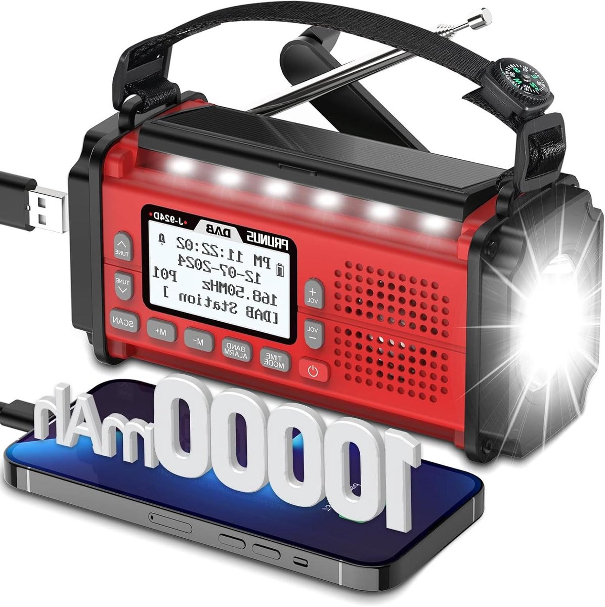 Draagbare Radio - Noodradio DAB - Noodsituaties Outdoor - 10000mAh Batterij - 17 cm - Rood