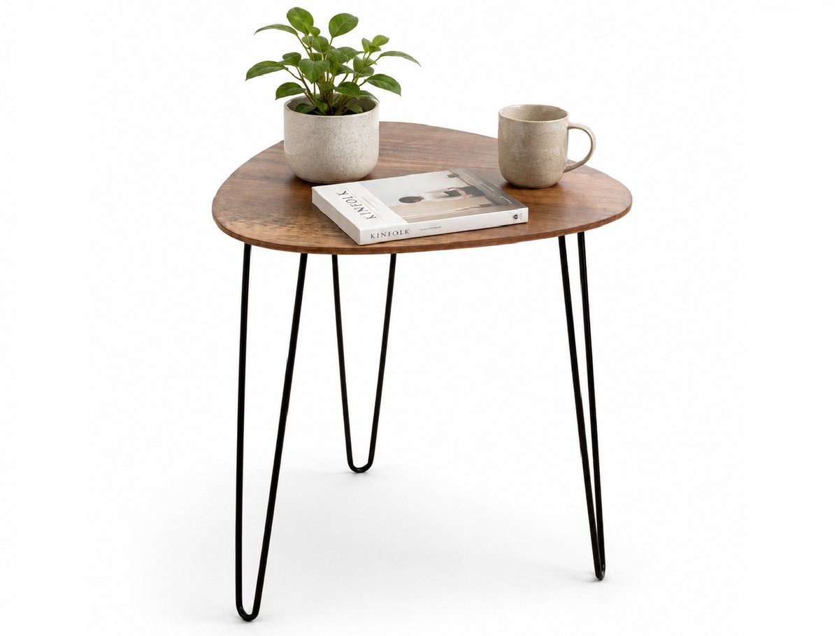 Moderne houten bijzettafel met zwarte hairpin poten