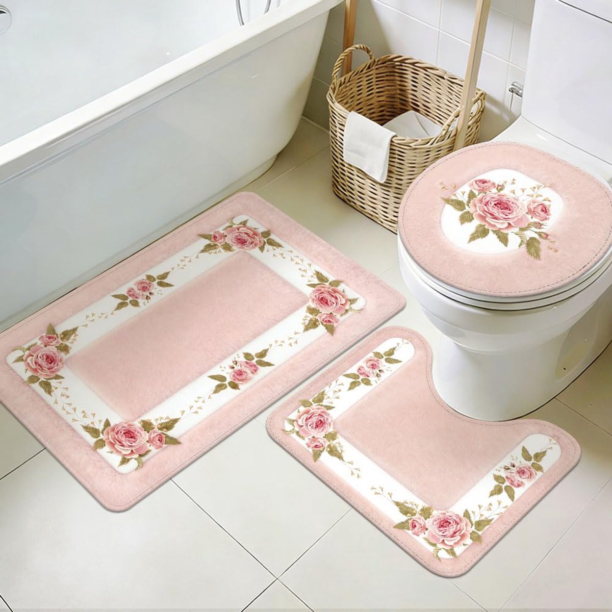 SnelShoppen - 3-delige badmatset met rozenblaadjes, wasbaar, antislip, zacht, bloemen, voor keuken, badkamer, bijkeuken, hotel, luxe uitstraling
