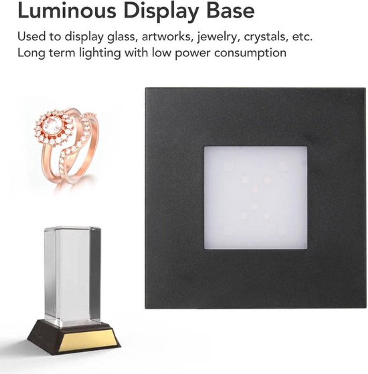 Verlichte staande display voor glas kristal kunstwerk met LED-verlichting, decoratie voor feestdagen, kleurrijke 3D kristallichtbasis