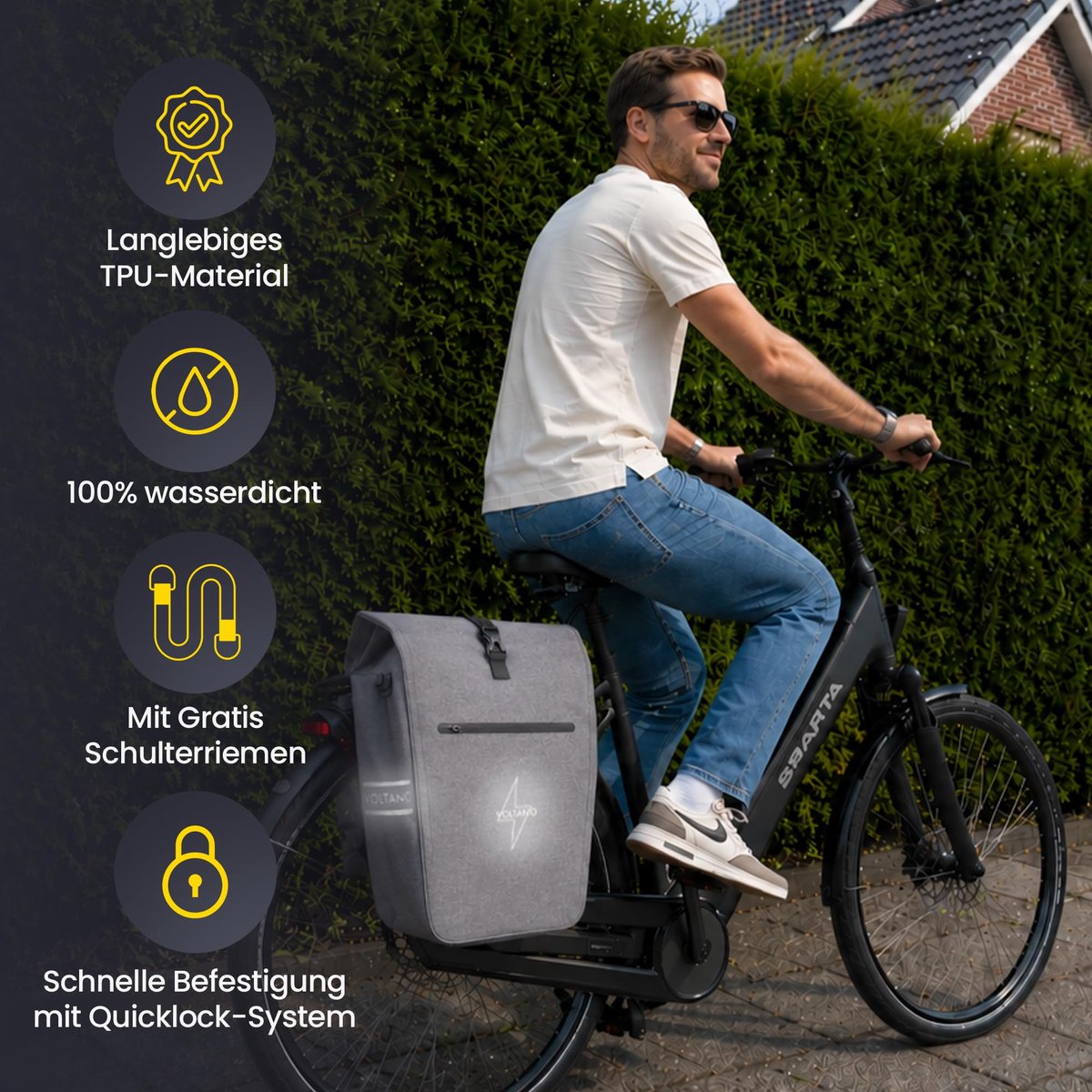 SnelShoppen - Voltano Luxe E-bike Fietstas 28L - Grijs - Waterdichte Pakaftas met Laptopvak en Gratis Schouderband - Ideaal voor Fietsen, Dagtochten e