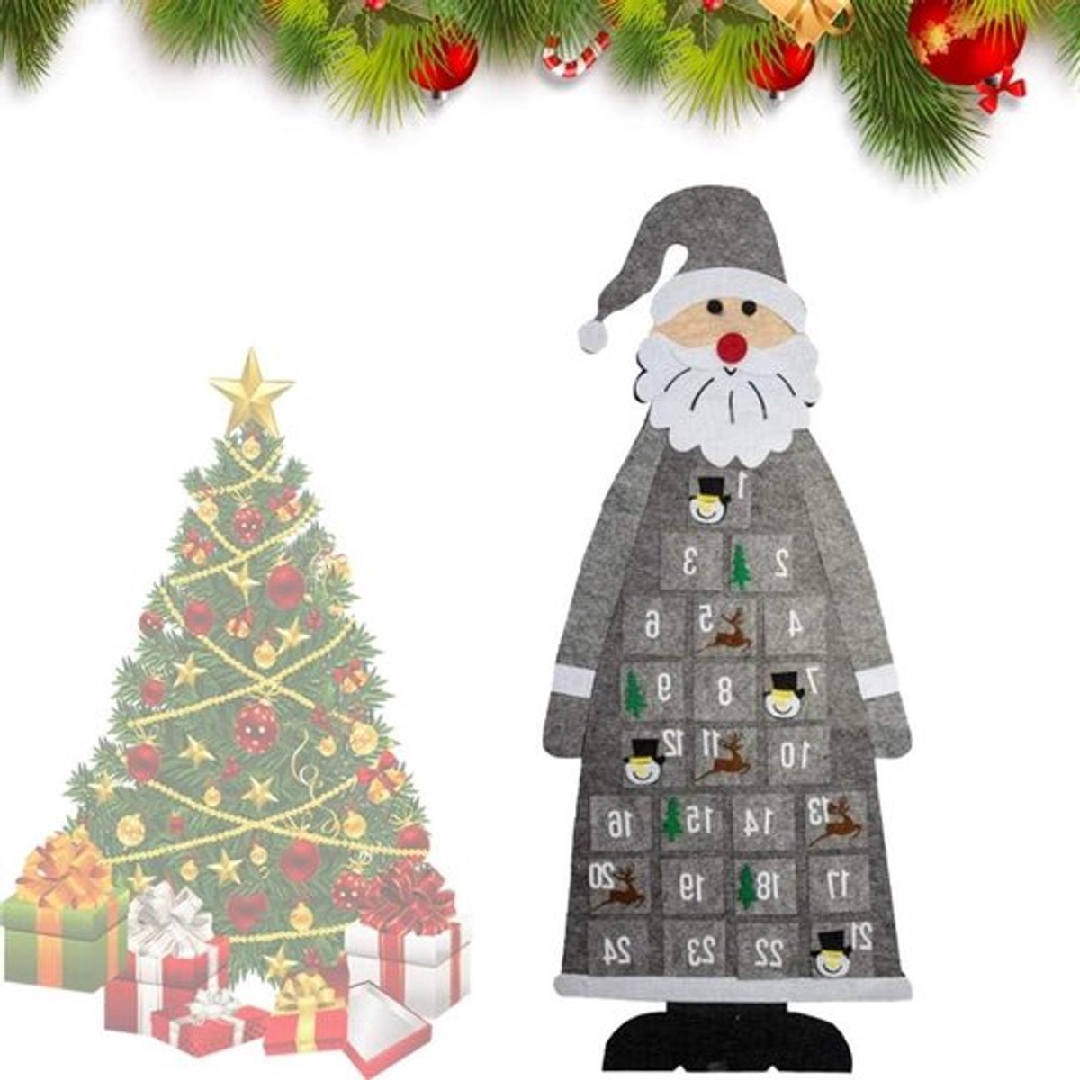 Kerst Adventskalender voor Hergebruik met Muur Ophangsysteem - Kerstman Thema - Xmas Countdown - Grijs Kleurig Groen Ontwerp