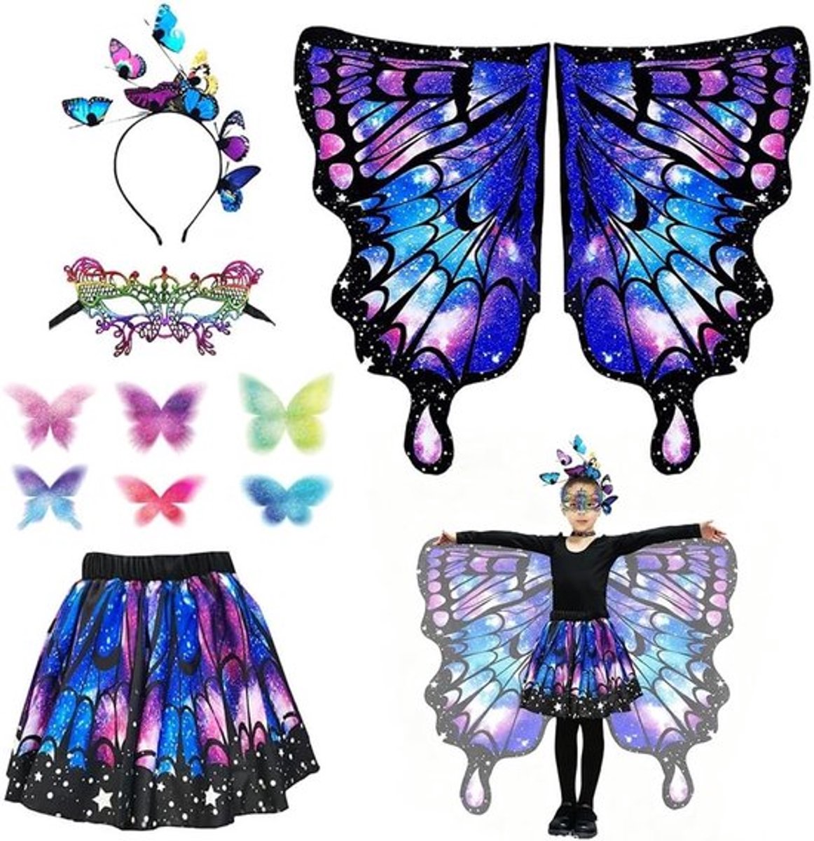 Vleermuisvleugels voor Kinderen, 135 x 110 cm, Kostuum met Rok, Masker en Hoofdband voor Carnaval en Themafeesten
