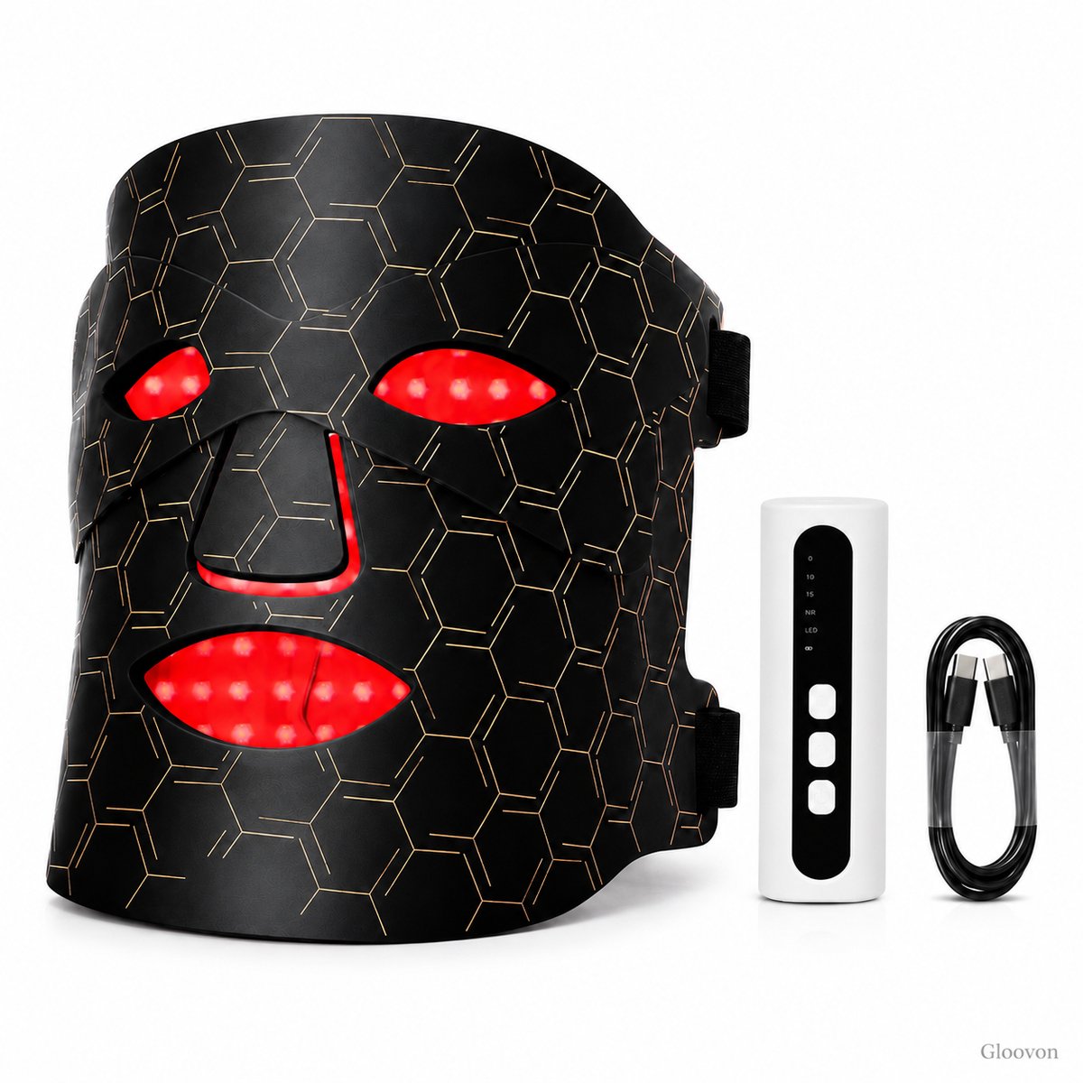 Gloovon® LED Gezichtsmasker - 7 Kleuren Lichttherapie & Nabij Infrarood (NIR) - 144 LED’s - Anti-aging & Huidverjonging - Rood Licht Therapie Masker - Zwart