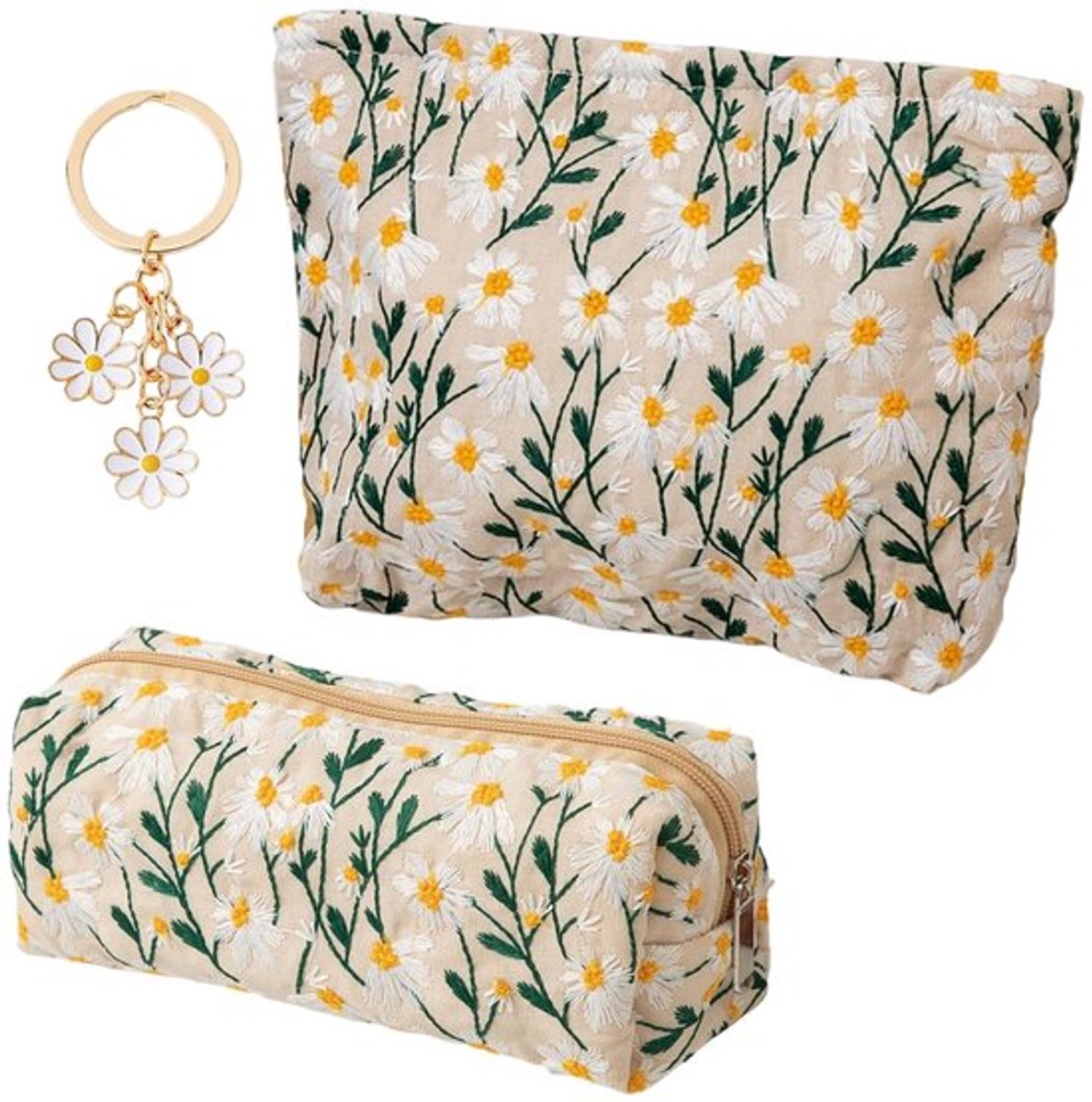 Make-uptas Groot - Make-uptas Klein - Make-uptas Dames - Make-uptas Organizer - Madeliefjesmotief - Duurzaam Borduurwerk - Cosmetica Tas