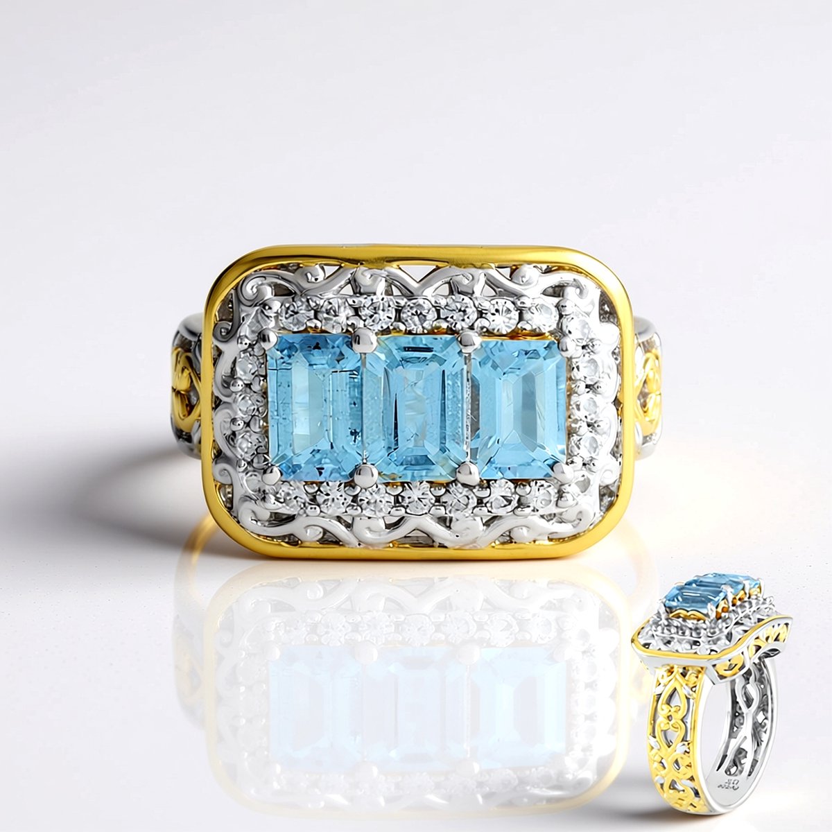 Cavill - 925 Sterling Zilveren Ring met 3x 1,35 ct Aquamarijn & 24x 0,432 ct Zirkonia - Palladium - Achthoekige Smaragdslijping - Vintage Elegant