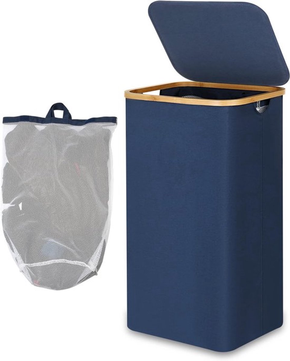 Opvouwbare wasmand van 100 liter met bamboe handvatten en binnenzak voor kledingopslag, ideaal voor slaapkamer en badkamer, blauw