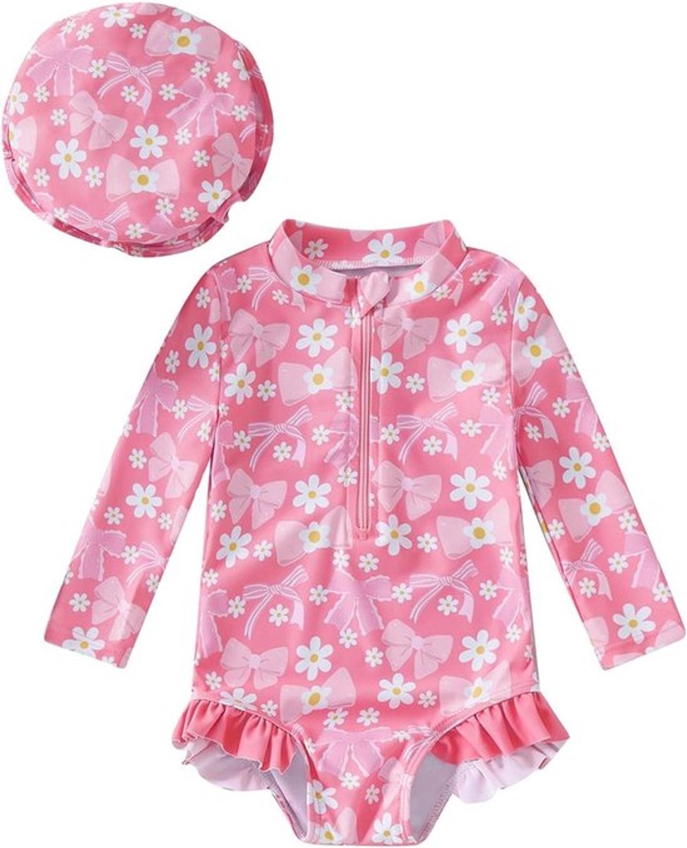 Zomerse Baby Meisjes Badpak met Lange Mouwen en Zonnehoed - UV Bescherming, Comfortabel en Stijlvol Badmode